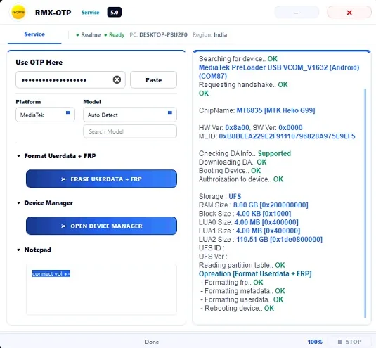 RMX OTP Realme one-click service interface